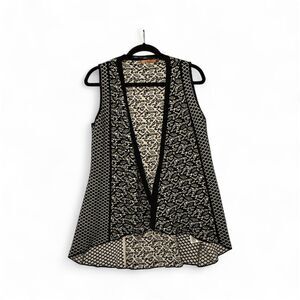 Belldini Black and Cream Patterned Long Open Knit Vest Cardigan Size Medium